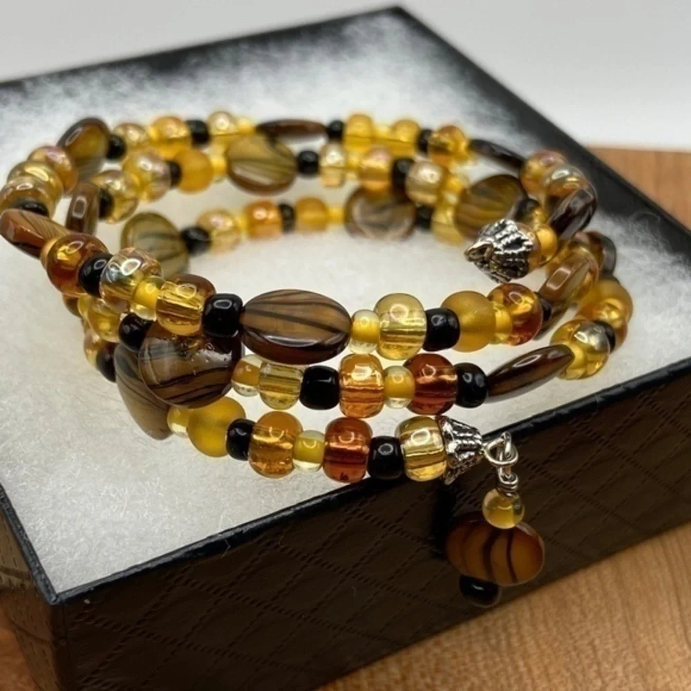 Memory‎ Wire Bracelet Gold Brown Black Beaded Wrap Around Boho Coil Bracelet